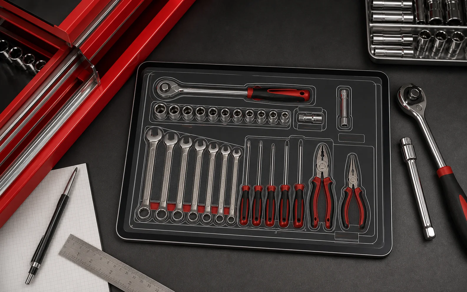 Top-down custom organiser design with tool pockets and socket zones