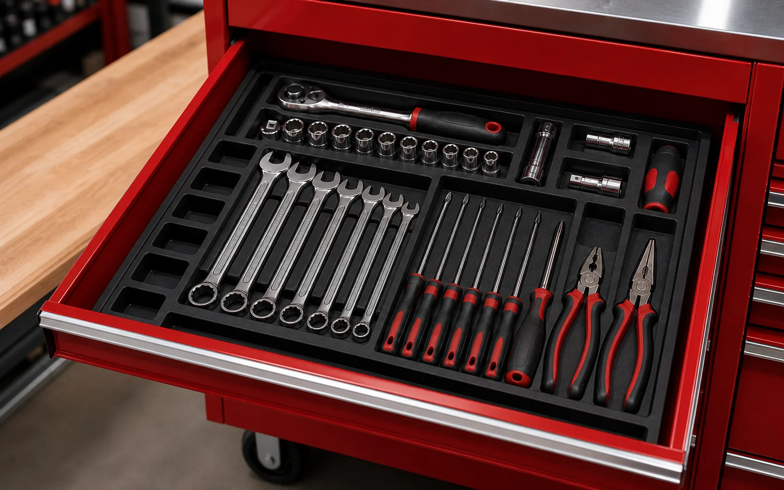 Finished red toolbox drawer with tools fitted neatly in a custom organiser