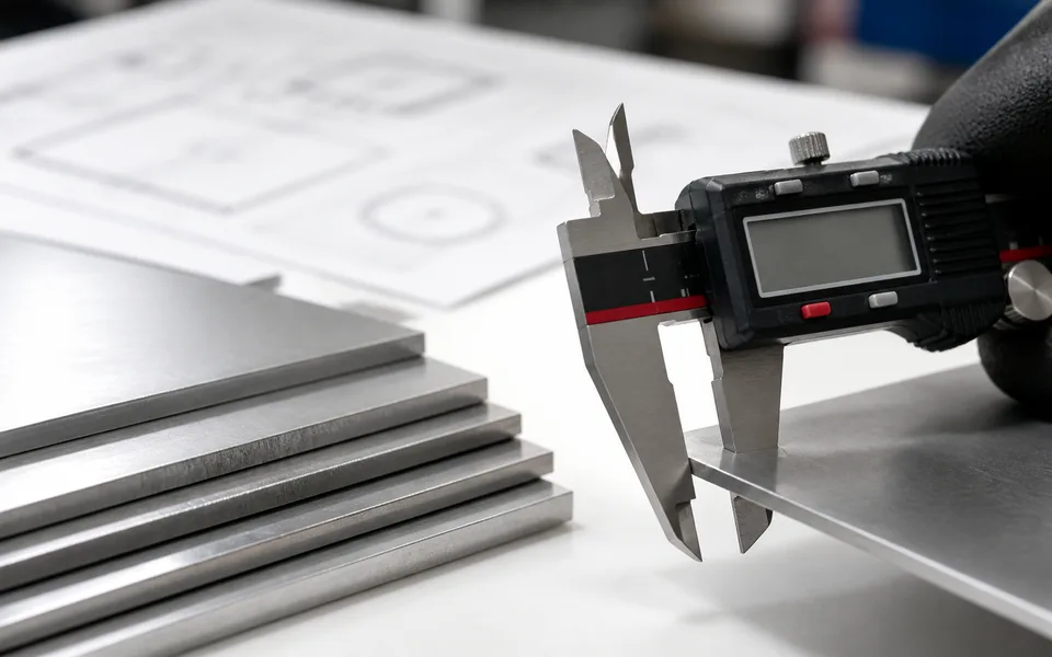 Laser cutting setup showing material thickness review for quoted parts