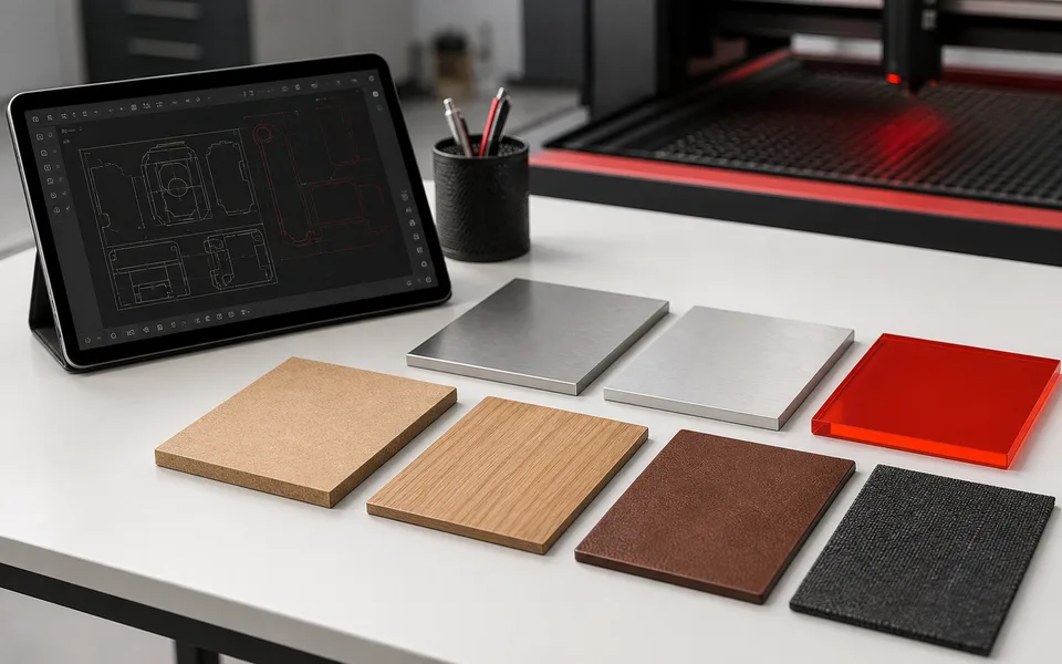 Laser cut material examples including metal, acrylic, MDF and sheet components