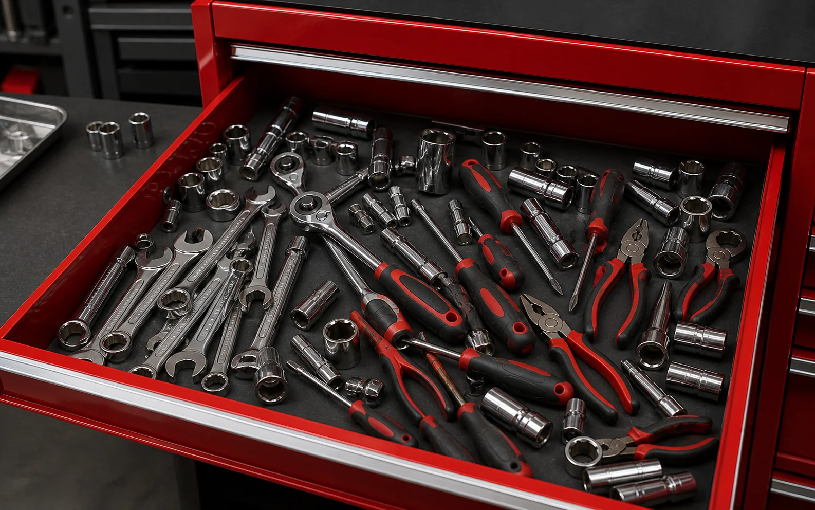 Messy red toolbox drawer before a custom organiser is made
