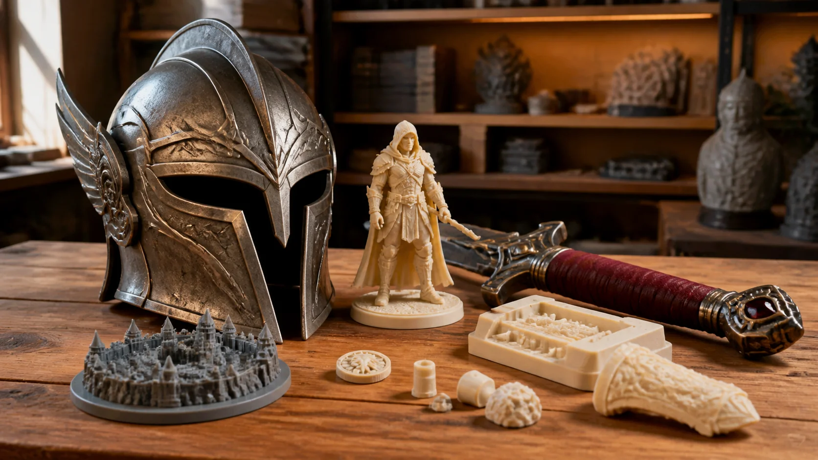 Fantasy helmet, collectible figure and prop parts on a maker bench