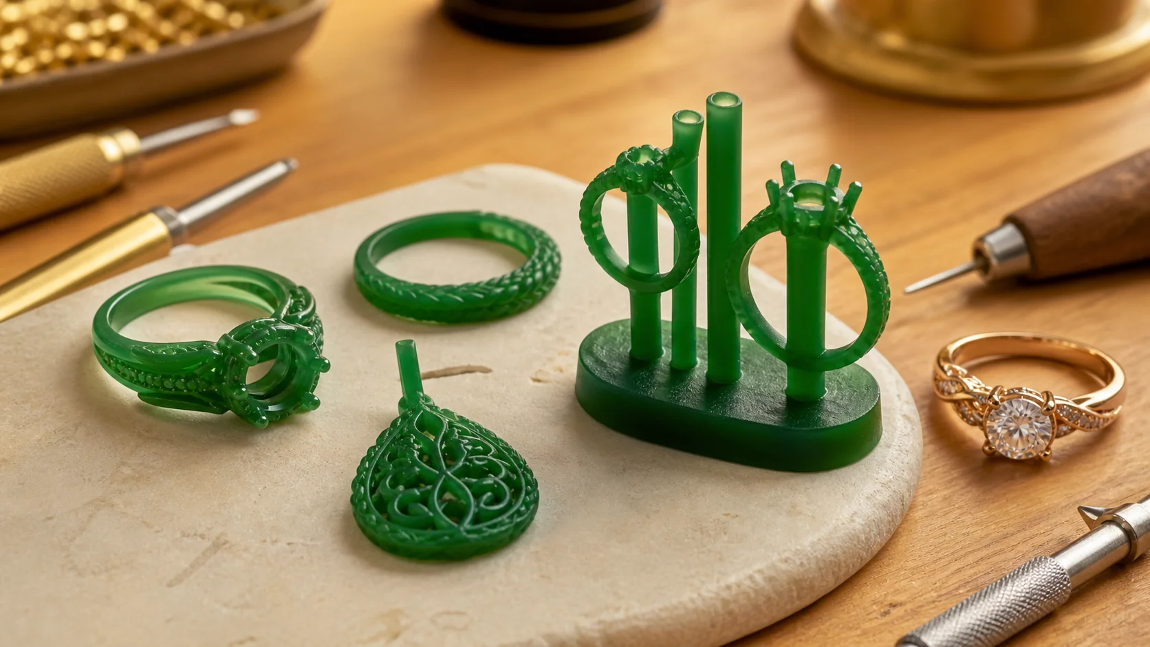 Collectable and antique-style detailed objects on a maker's bench