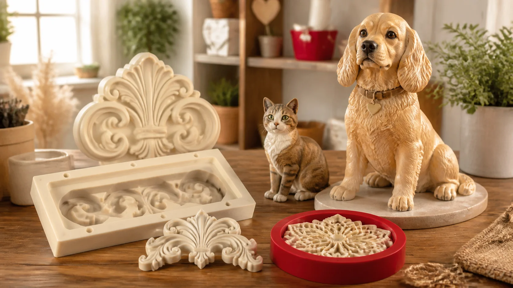 Pet models and decorative resin ornaments on a warm craft table