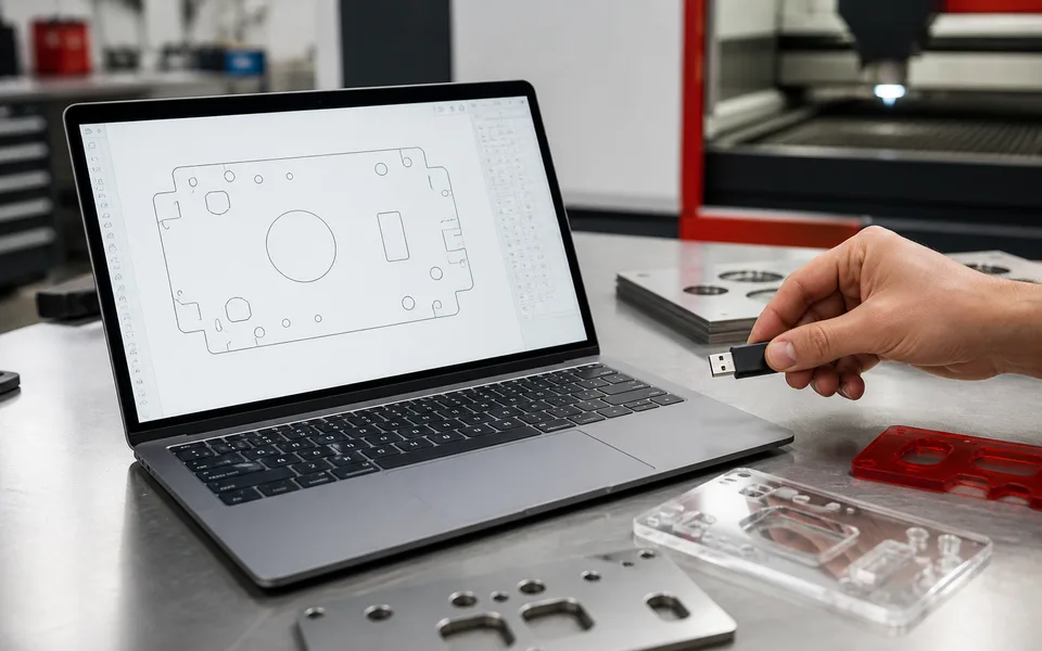 Laser cutting upload screen with drawing file and quote details