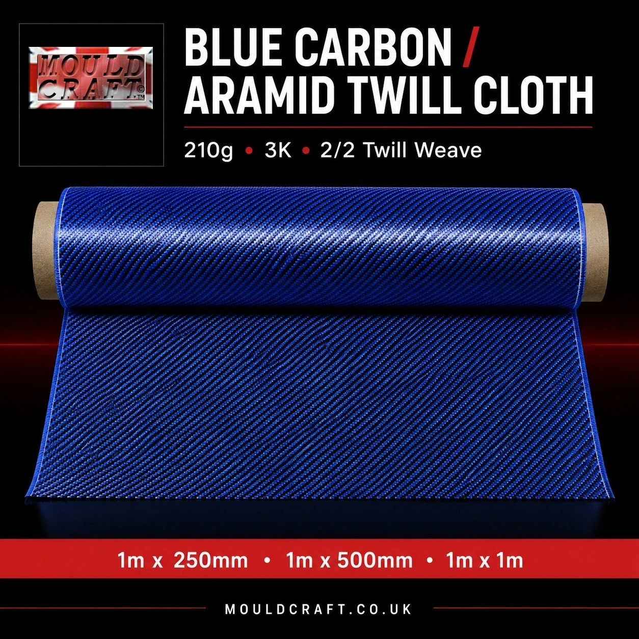Blue Carbon Fibre 210g Twill Weave / Aramid Cloth -  various sizes