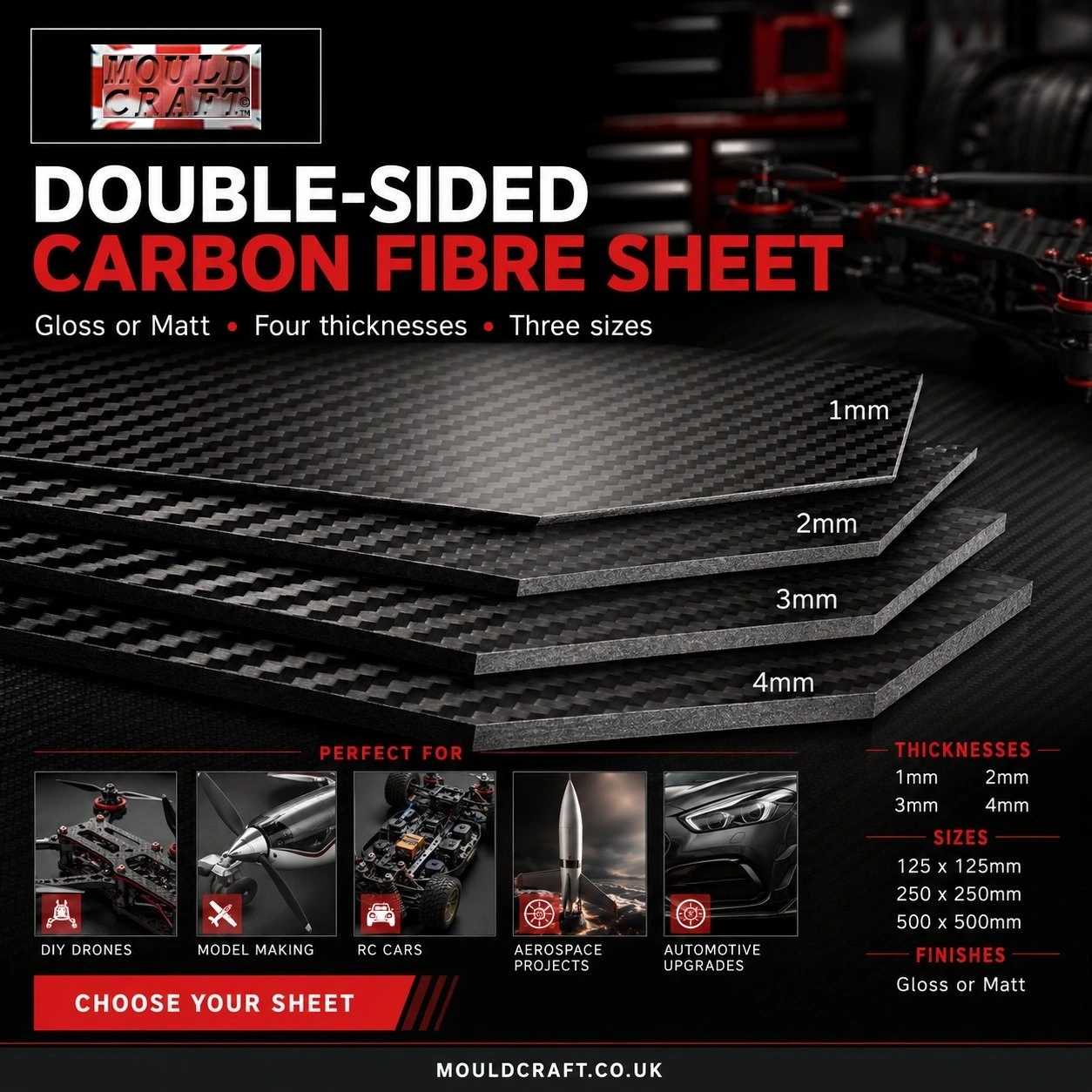 Mouldcraft Double-Sided Carbon fibre Sheet Gloss or Matt finish 1mm, 2mm, 3mm, 4mm