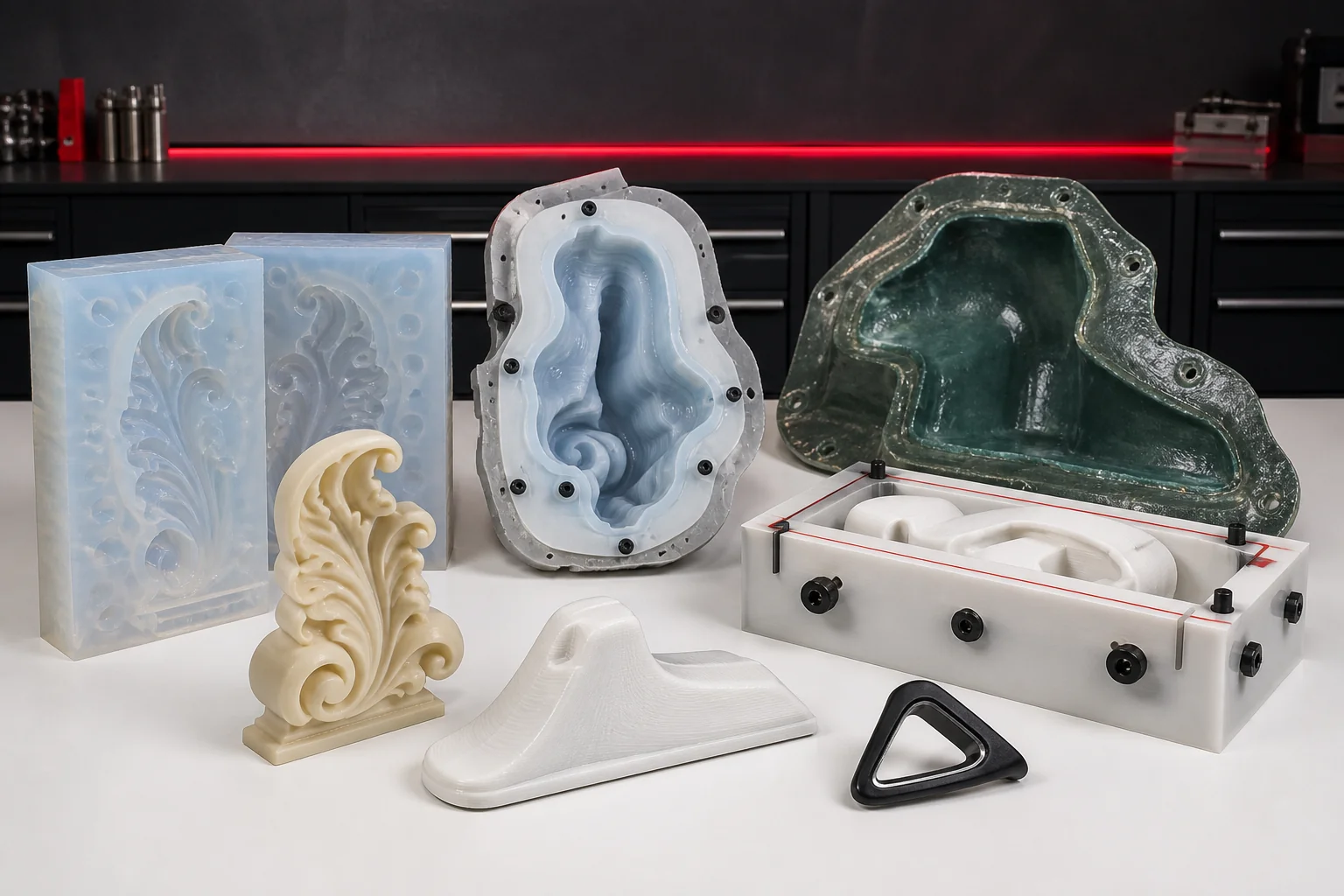 Silicone moulds, GRP mould, mould box, master pattern and finished cast parts