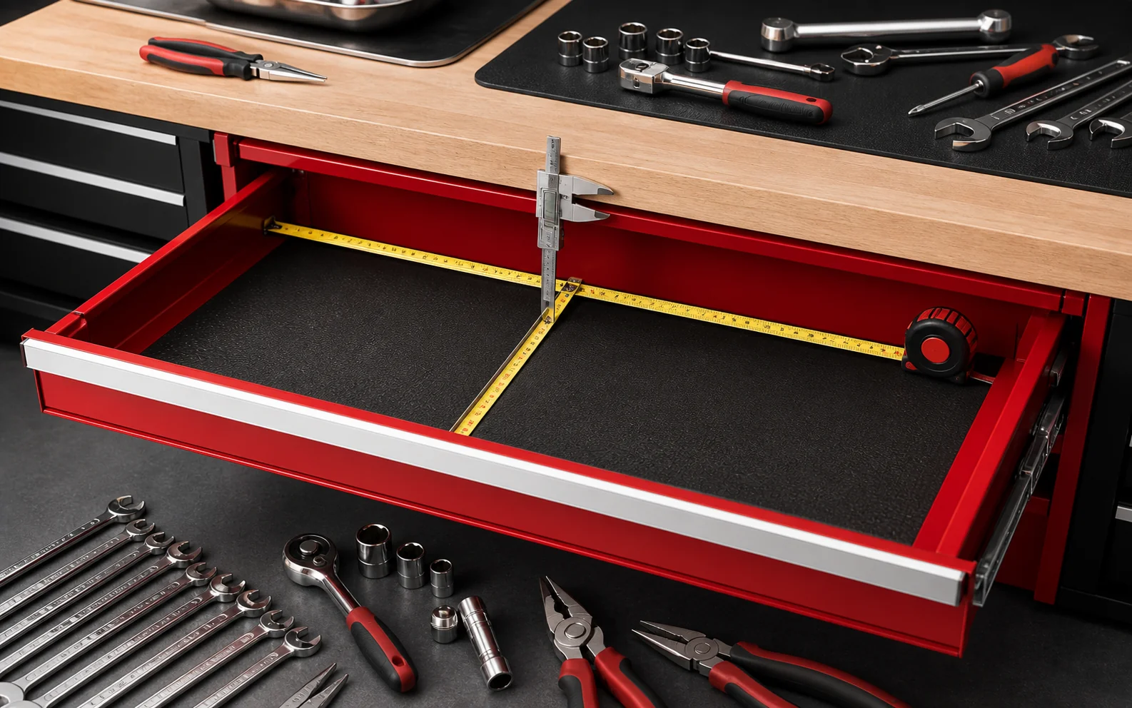Toolbox drawer being measured with width, depth and height marked