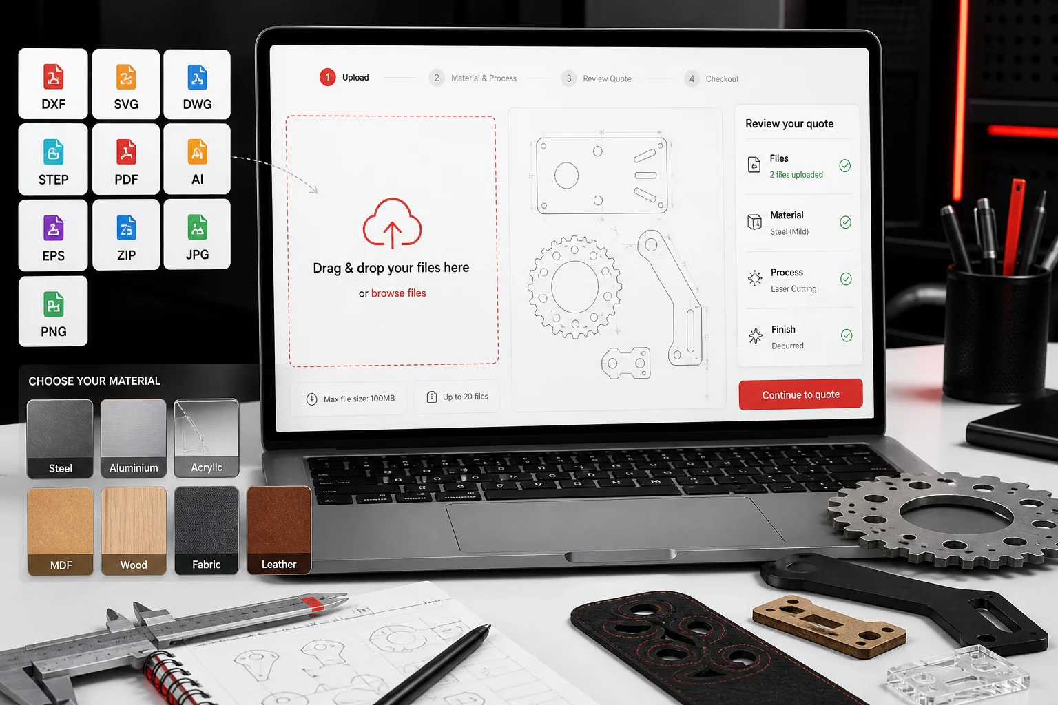 Upload interface mockup for laser cutting files, materials and quote review