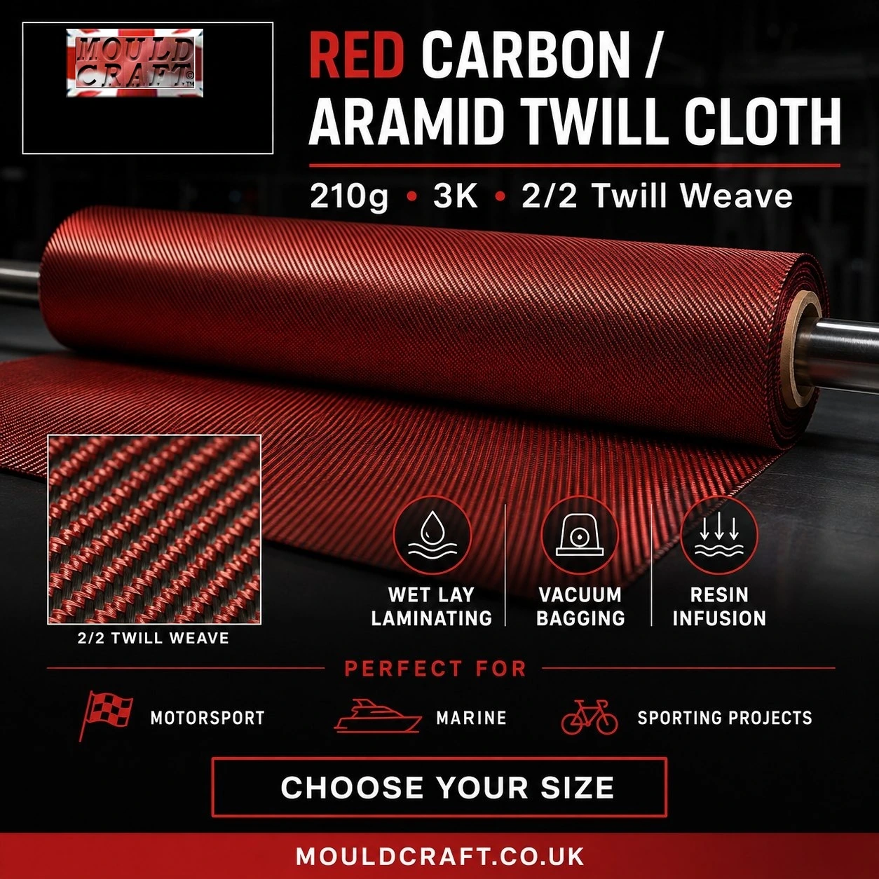 Red Carbon Fibre 210g  / Aramid Cloth Twill Weave -  various sizes