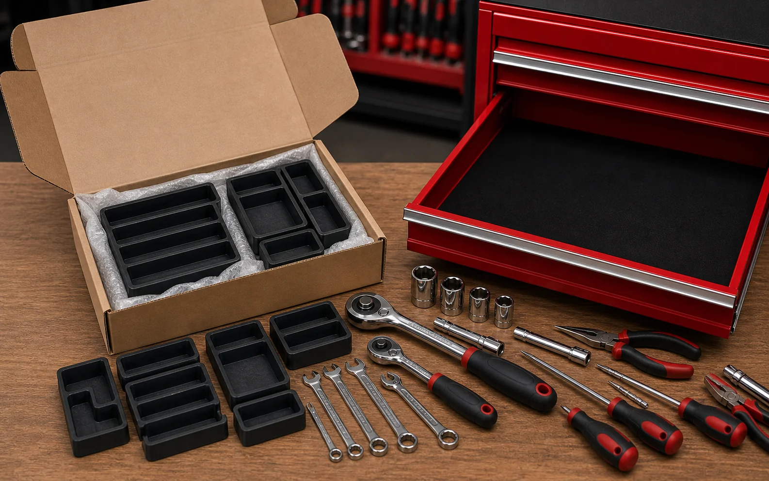 Black and red organiser sections designed to fit together in a larger drawer