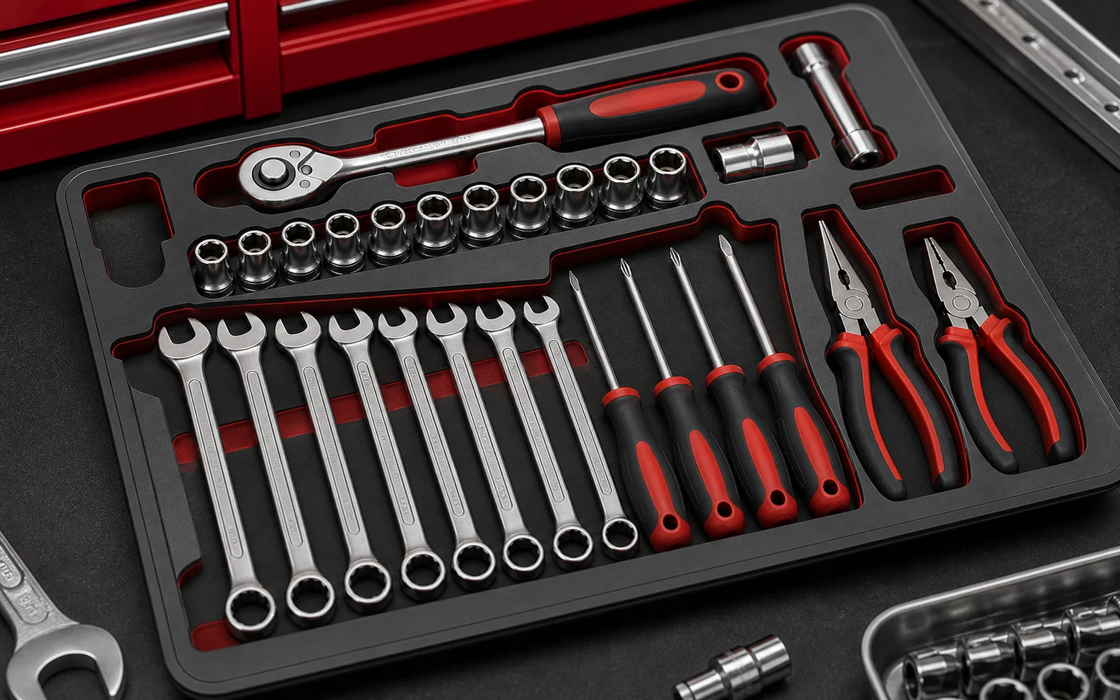 Close-up organiser pocket detail used to check tool fit