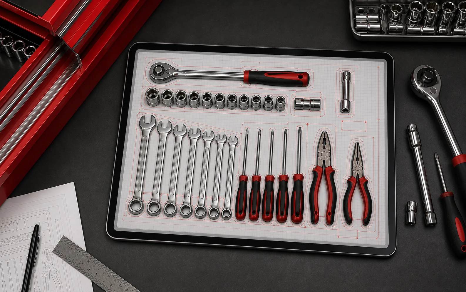 Digitally arranged tool layout for a custom drawer organiser